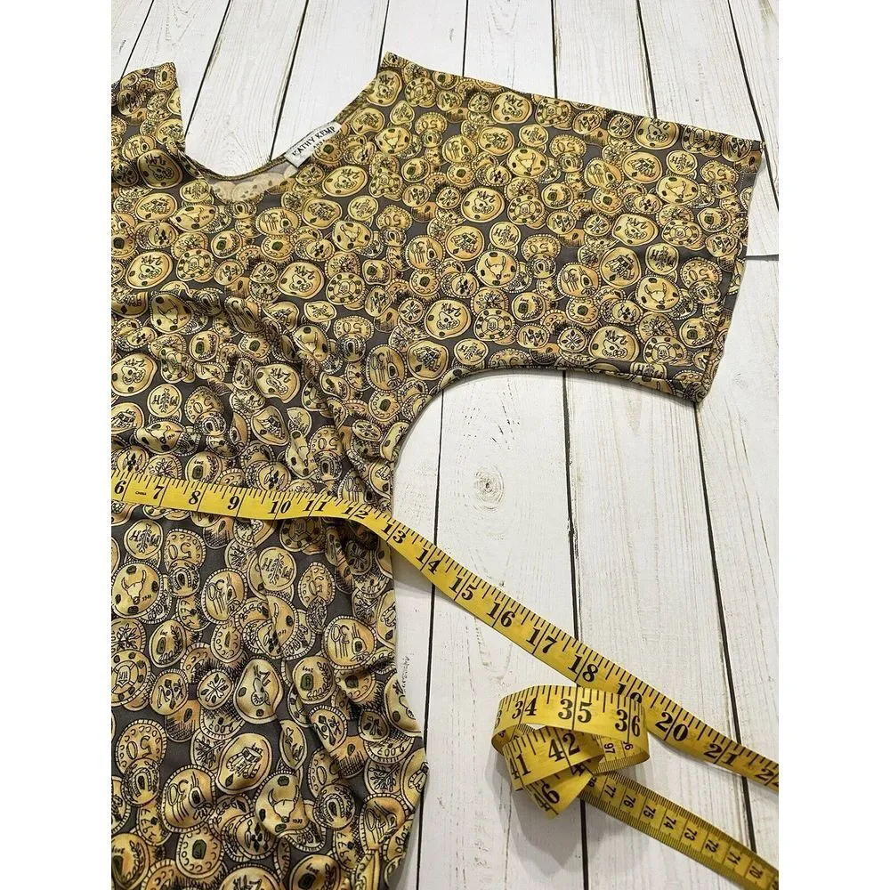 Kathy‎ Kemp Anna Women's Dress Sz2 Brown Coin Design Cinch Waist Flutter Sleeve